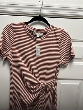 LOFT Rust and White Striped Knot-Front Midi Dress